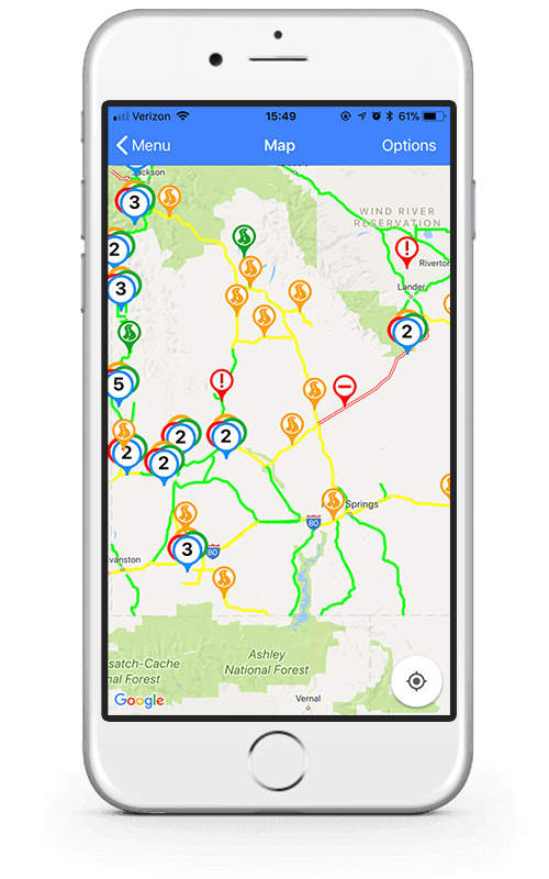 Wyoming 5-1-1 App with color coded traffic map